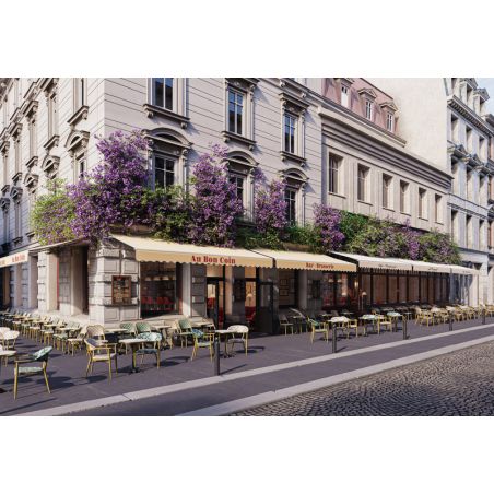 Chaise bistro ODEON empilable d'extérieur - Aluminium effet bambou clair, textilène crème & vert