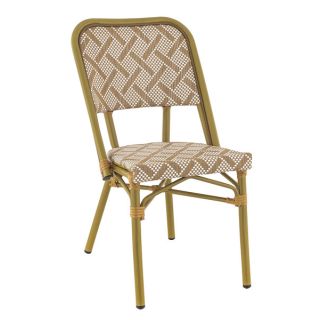 Chaise bistro ODEON empilable d'extérieur - Aluminium effet bambou clair, textilène blanc & camel