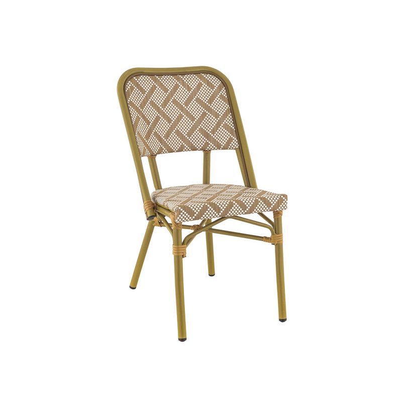 Chaise bistro ODEON empilable d'extérieur - Aluminium effet bambou clair, textilène blanc & camel