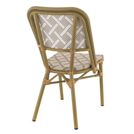 Chaise bistro ODEON empilable d'extérieur - Aluminium effet bambou clair, textilène blanc & camel