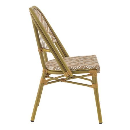 Chaise bistro ODEON empilable d'extérieur - Aluminium effet bambou clair, textilène blanc & camel