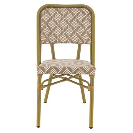 Chaise bistro ODEON empilable d'extérieur - Aluminium effet bambou clair, textilène blanc & camel