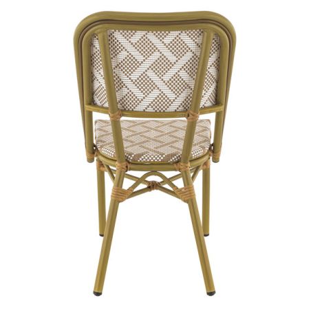 Chaise bistro ODEON empilable d'extérieur - Aluminium effet bambou clair, textilène blanc & camel