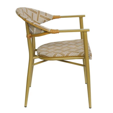 Fauteuil bistro BERCY empilable d'extérieur - Aluminium effet bambou clair, textilène blanc & camel