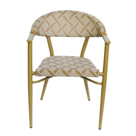 Fauteuil bistro BERCY empilable d'extérieur - Aluminium effet bambou clair, textilène blanc & camel
