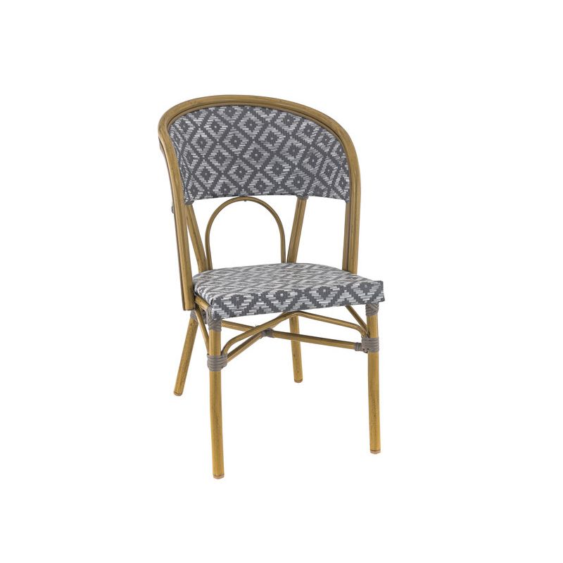 Chaise bistro LIMOGES empilable d'extérieur - Aluminium effet bambou clair, textilène gris & blanc