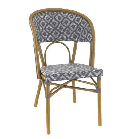 Chaise bistro LIMOGES empilable d'extérieur - Aluminium effet bambou clair, textilène gris & blanc