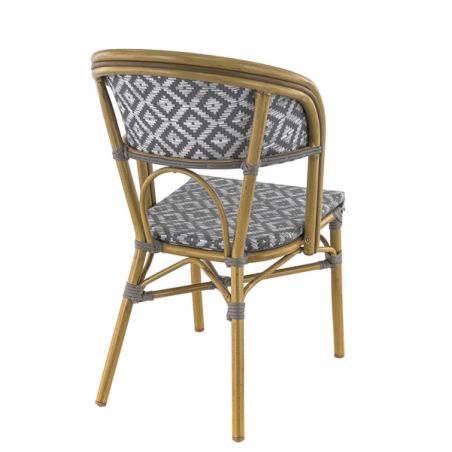 Chaise bistro LIMOGES empilable d'extérieur - Aluminium effet bambou clair, textilène gris & blanc