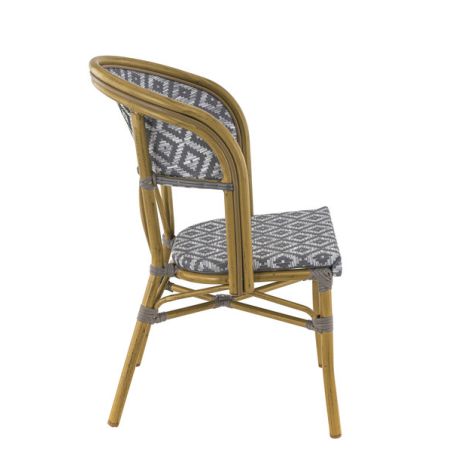 Chaise bistro LIMOGES empilable d'extérieur - Aluminium effet bambou clair, textilène gris & blanc