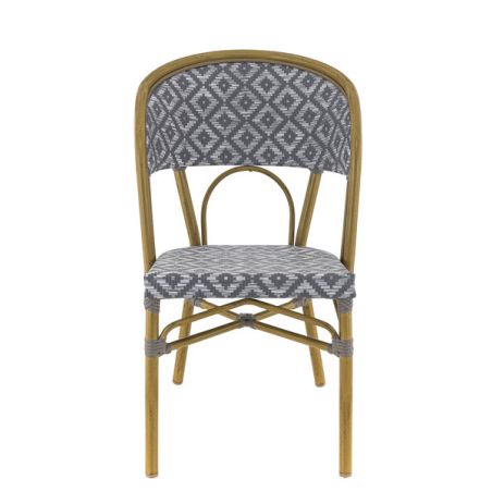 Chaise bistro LIMOGES empilable d'extérieur - Aluminium effet bambou clair, textilène gris & blanc
