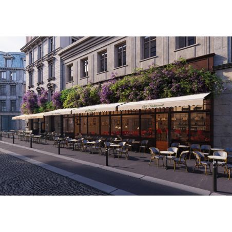 Chaise bistro LIMOGES empilable d'extérieur - Aluminium effet bambou clair, textilène gris & blanc