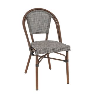 Chaise bistro REIMS empilable d'extérieur - Aluminium effet bambou chestnut, textilène gris & beige
