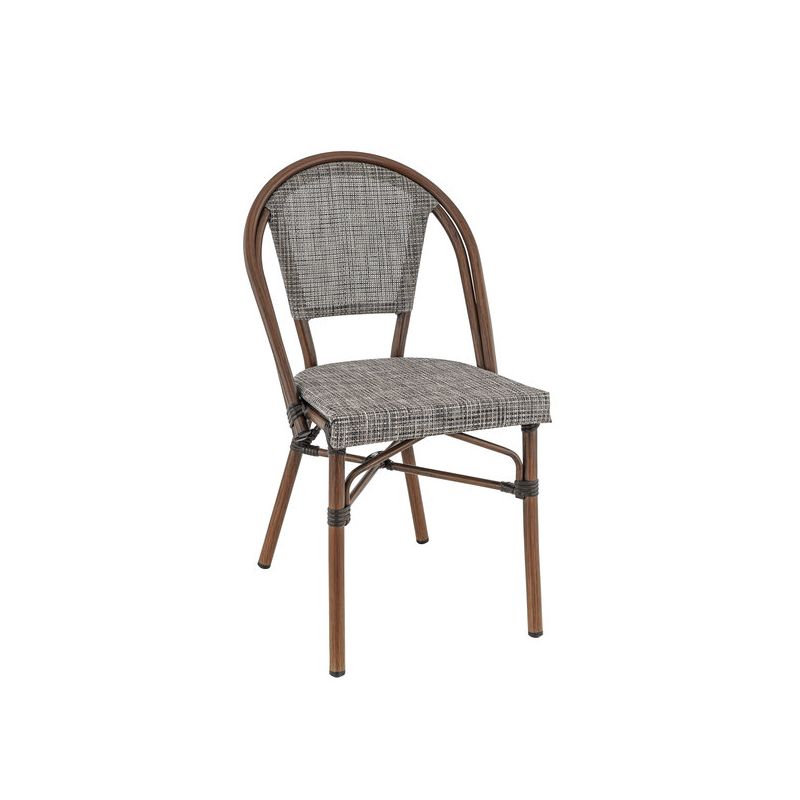 Chaise bistro REIMS empilable d'extérieur - Aluminium effet bambou chestnut, textilène gris & beige
