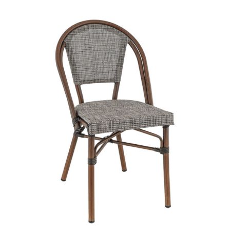 Chaise bistro REIMS empilable d'extérieur - Aluminium effet bambou chestnut, textilène gris & beige