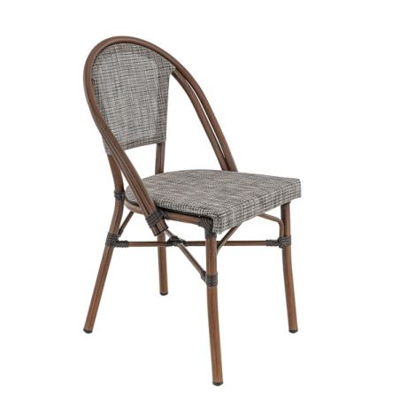 Chaise bistro REIMS empilable d'extérieur - Aluminium effet bambou chestnut, textilène gris & beige