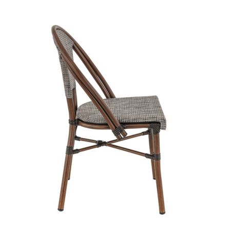 Chaise bistro REIMS empilable d'extérieur - Aluminium effet bambou chestnut, textilène gris & beige