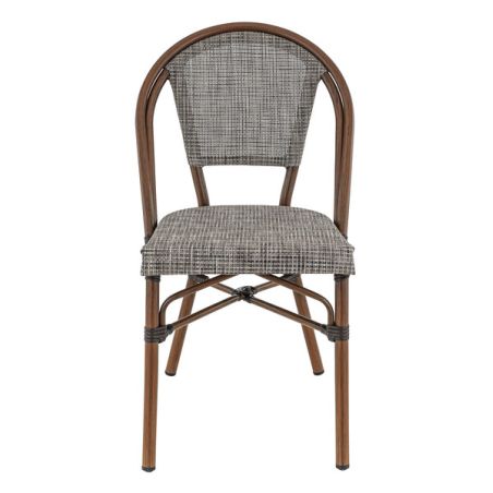 Chaise bistro REIMS empilable d'extérieur - Aluminium effet bambou chestnut, textilène gris & beige