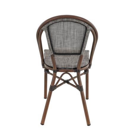 Chaise bistro REIMS empilable d'extérieur - Aluminium effet bambou chestnut, textilène gris & beige