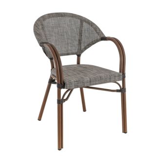 Fauteuil bistro BLOIS empilable d'extérieur - Aluminium effet bambou chestnut, textilène gris & beige