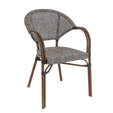 Fauteuil bistro BLOIS empilable d'extérieur - Aluminium effet bambou chestnut, textilène gris & beige