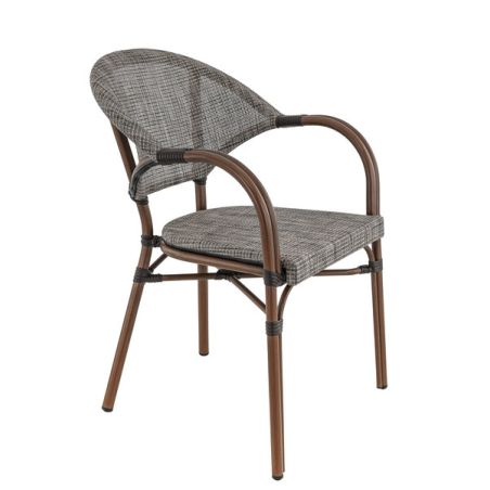 Fauteuil bistro BLOIS empilable d'extérieur - Aluminium effet bambou chestnut, textilène gris & beige