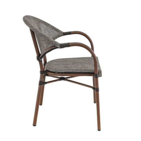 Fauteuil bistro BLOIS empilable d'extérieur - Aluminium effet bambou chestnut, textilène gris & beige