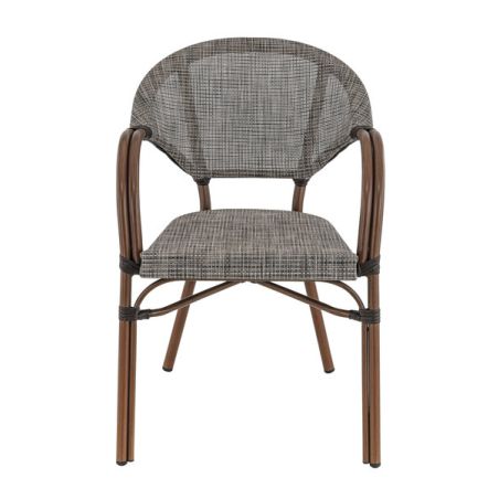 Fauteuil bistro BLOIS empilable d'extérieur - Aluminium effet bambou chestnut, textilène gris & beige