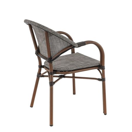 Fauteuil bistro BLOIS empilable d'extérieur - Aluminium effet bambou chestnut, textilène gris & beige
