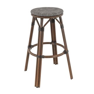 Tabouret de bar DOLE d'extérieur - Aluminium effet bambou chestnut, textilène gris & beige