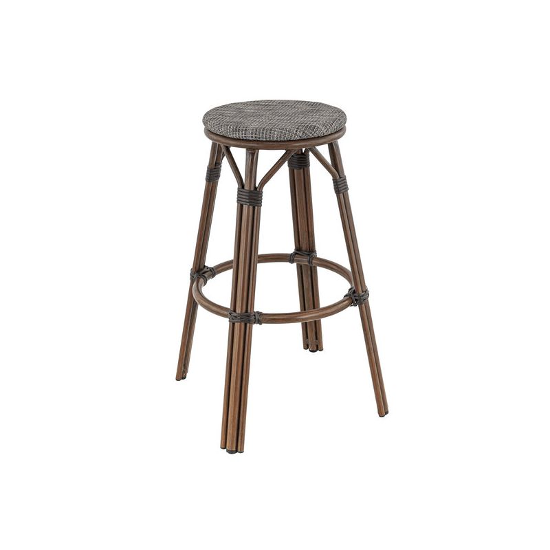 Tabouret de bar DOLE d'extérieur - Aluminium effet bambou chestnut, textilène gris & beige