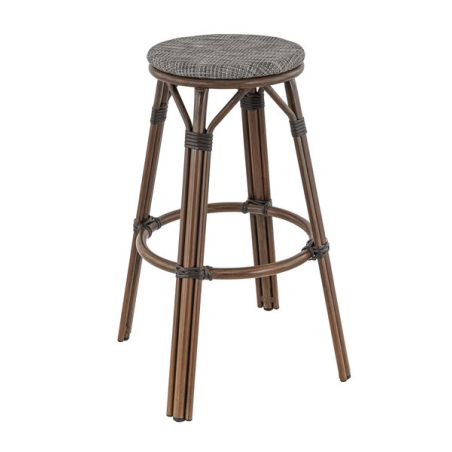 Tabouret de bar DOLE d'extérieur - Aluminium effet bambou chestnut, textilène gris & beige