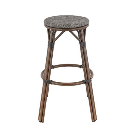 Tabouret de bar DOLE d'extérieur - Aluminium effet bambou chestnut, textilène gris & beige
