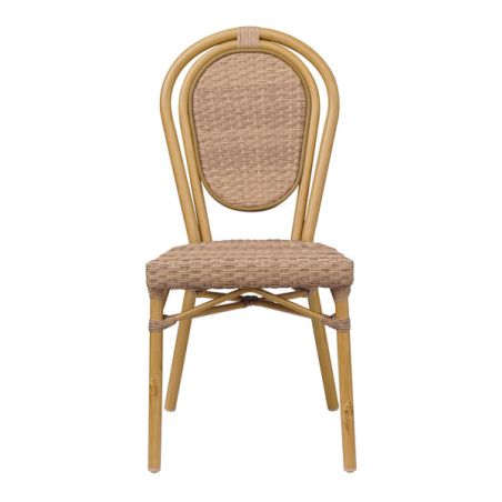 Chaise bistro PARIS empilable d'extérieur - Aluminium effet bambou caramel, tressage PE imitation rotin noisette