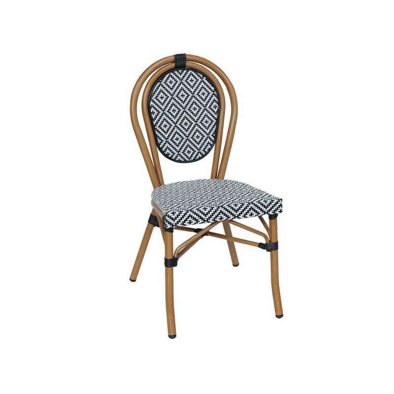 Chaise bistro PARIS empilable d'extérieur - Aluminium effet bambou clair, textilène noir & blanc