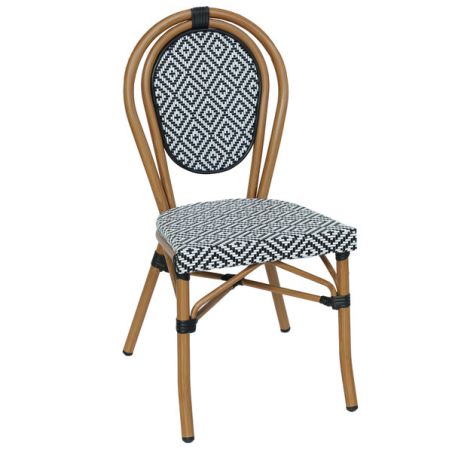 Chaise bistro PARIS empilable d'extérieur - Aluminium effet bambou clair, textilène noir & blanc
