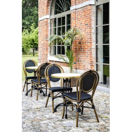 Chaise bistro PARIS empilable d'extérieur - Aluminium effet bambou clair, textilène noir & blanc