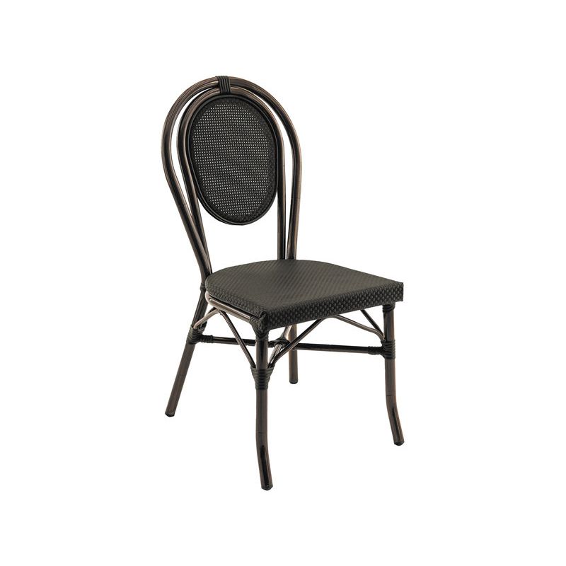 Chaise bistro PARIS empilable d'extérieur - Aluminium effet bambou foncé, textilène noir