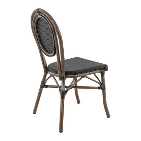 Chaise bistro PARIS empilable d'extérieur - Aluminium effet bambou foncé, textilène noir