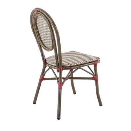 Chaise bistro PARIS empilable d'extérieur - Aluminium effet bambou foncé, textilène bordeaux & crème