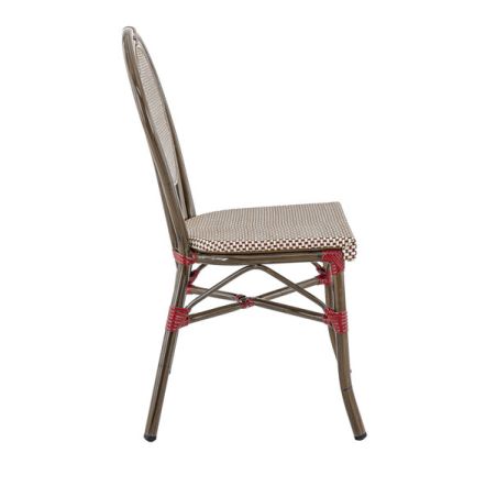 Chaise bistro PARIS empilable d'extérieur - Aluminium effet bambou foncé, textilène bordeaux & crème