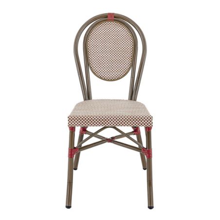 Chaise bistro PARIS empilable d'extérieur - Aluminium effet bambou foncé, textilène bordeaux & crème