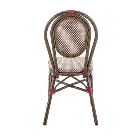 Chaise bistro PARIS empilable d'extérieur - Aluminium effet bambou foncé, textilène bordeaux & crème