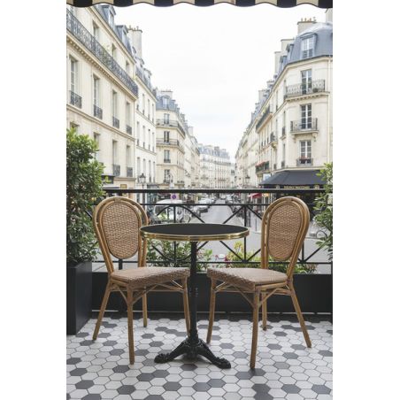 Chaise bistro PARIS empilable d'extérieur - Aluminium effet bambou foncé, textilène bordeaux & crème