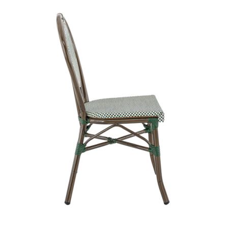 Chaise bistro PARIS empilable d'extérieur - Aluminium effet bambou foncé, textilène vert & crème