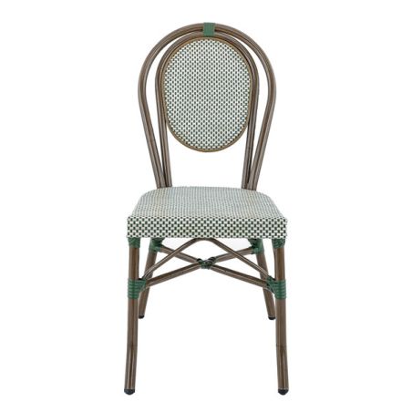 Chaise bistro PARIS empilable d'extérieur - Aluminium effet bambou foncé, textilène vert & crème
