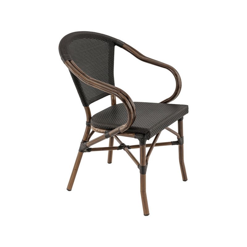 Fauteuil bistro MONTMARTRE empilable d'extérieur - Aluminium effet bambou foncé, textilène noir
