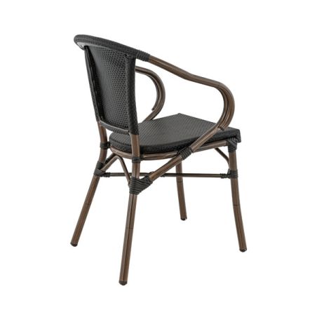 Fauteuil bistro MONTMARTRE empilable d'extérieur - Aluminium effet bambou foncé, textilène noir
