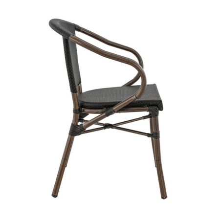 Fauteuil bistro MONTMARTRE empilable d'extérieur - Aluminium effet bambou foncé, textilène noir
