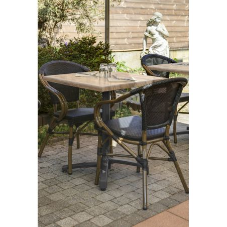 Fauteuil bistro MONTMARTRE empilable d'extérieur - Aluminium effet bambou foncé, textilène noir