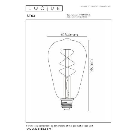 Lucide ST64 - Ampoule filament - Ø 6,4 cm - LED Dim. - E27 - 1x4,9W 2200K - Ambre